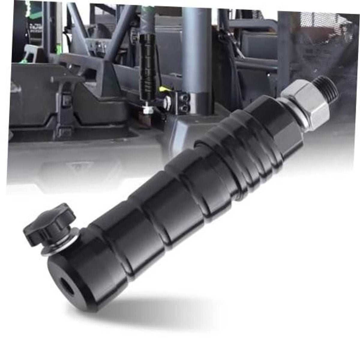 Black ATV quick-release flag pole holder mount, threaded adapter and clamp end.