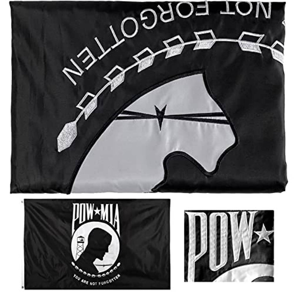 Black embroidered POW/MIA outdoor flag with white emblem, plus side-view insets