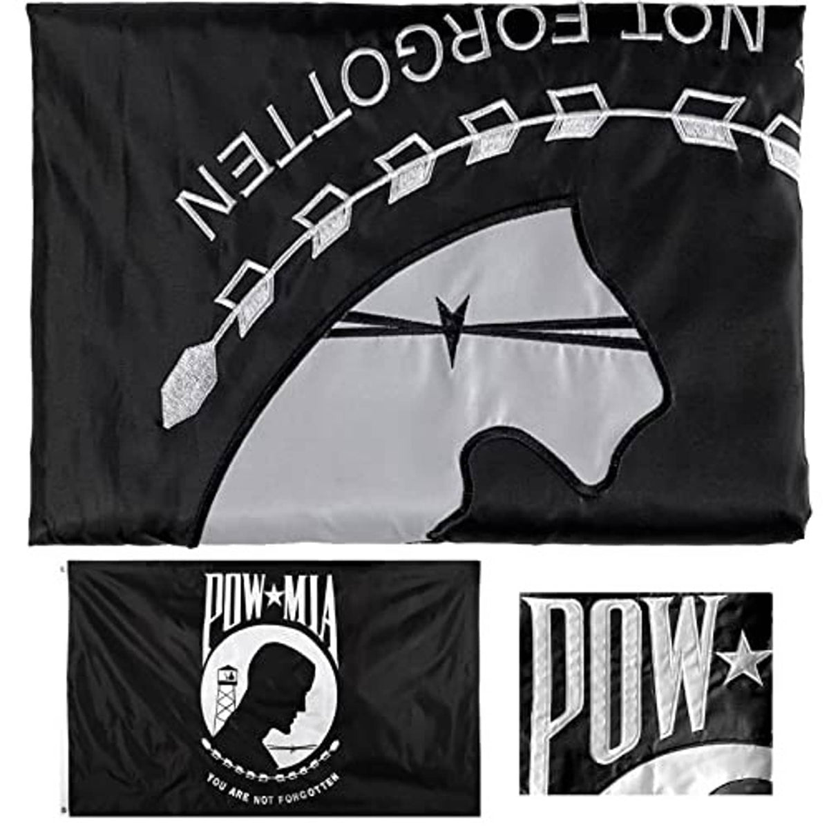 Black embroidered POW/MIA outdoor flag with white emblem, plus side-view insets