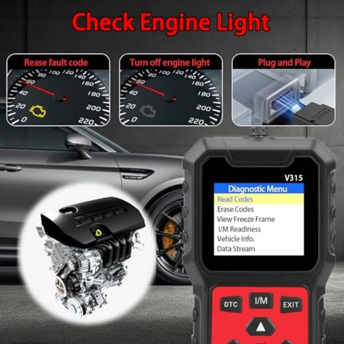 Handheld OBD2 code reader showing Diagnostic Menu on its screen
