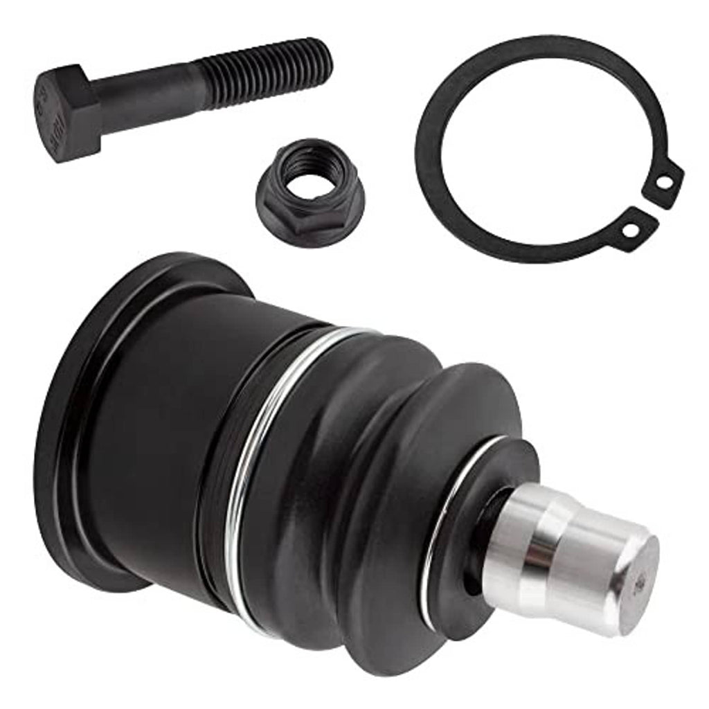 Front upper ball joint side view with black boot, silver pin, plus nut, bolt, and ring