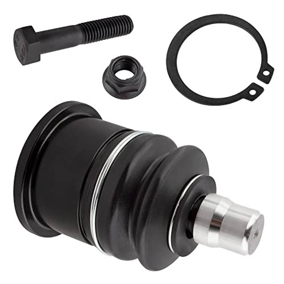 Front upper ball joint side view with black boot, silver pin, plus nut, bolt, and ring