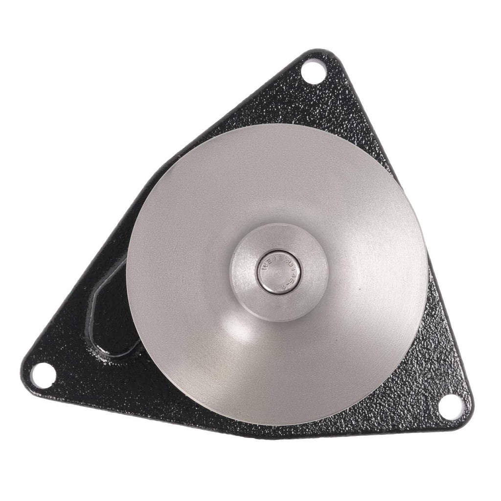 Water pump assembly with silver circular housing and black triangular mounting plate