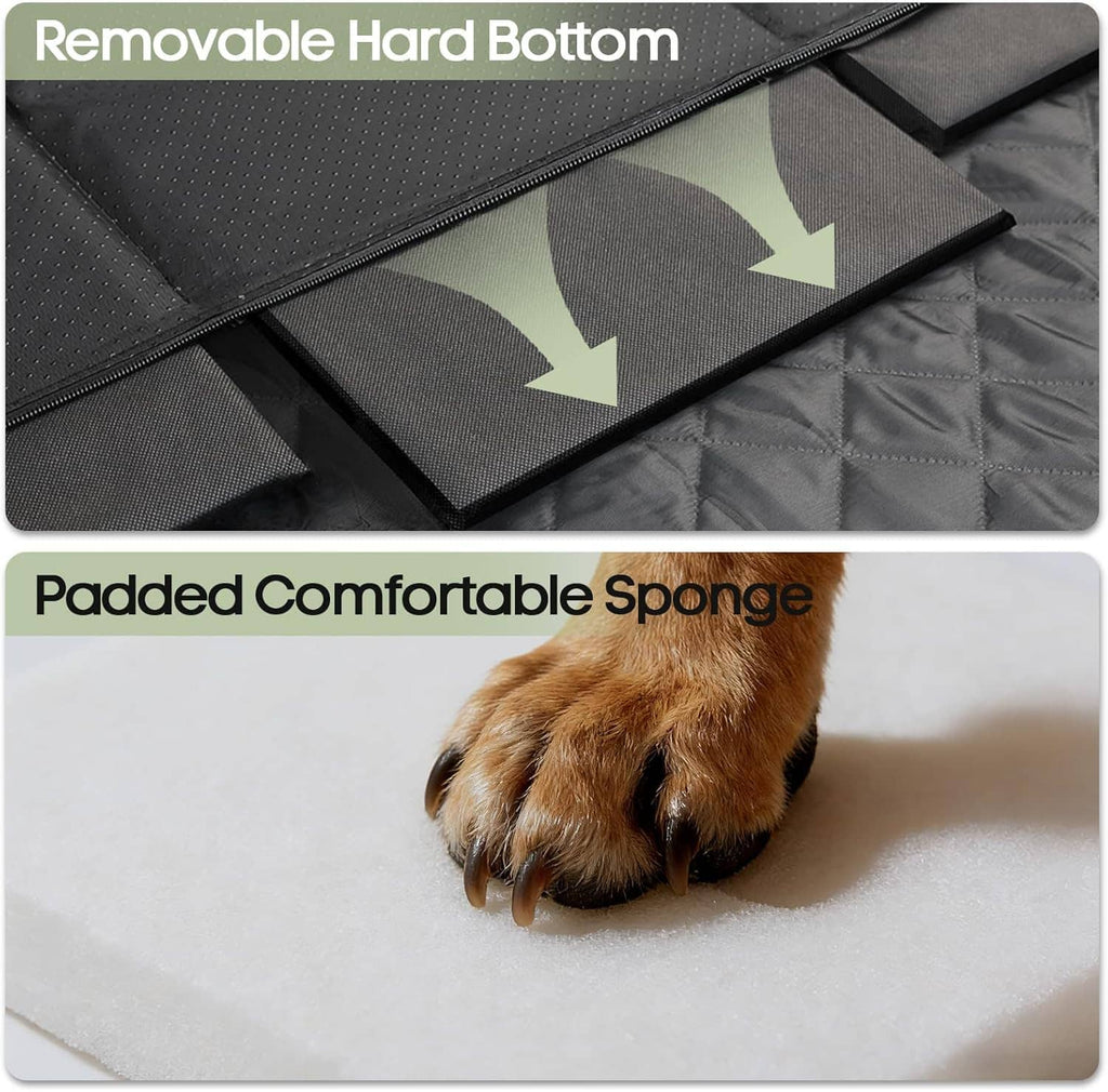 Removable hard bottom dog seat cover with quilted fabric and snap-open padded sections