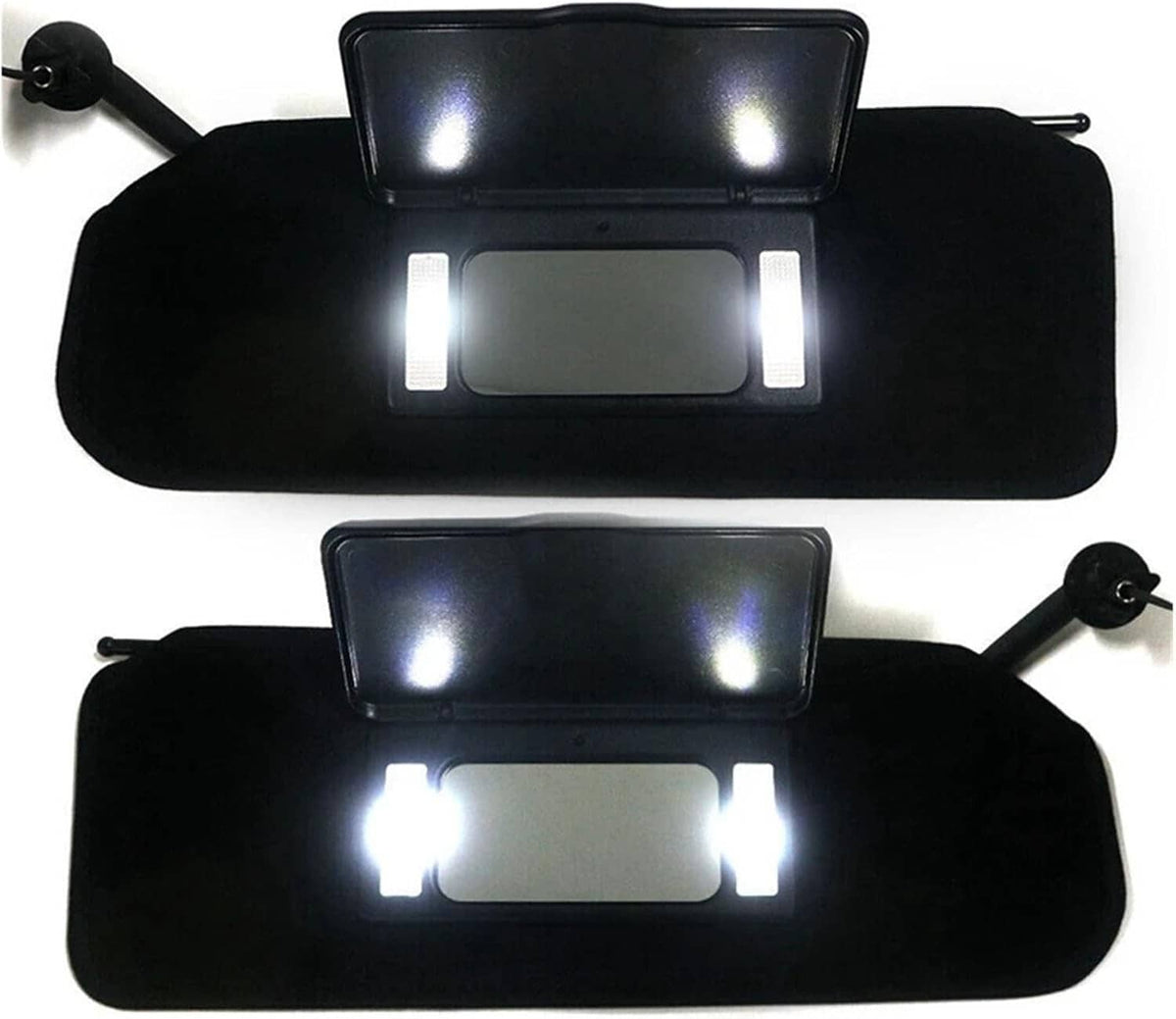 Pair of black sun visors with bright LED light panels, open for visibility