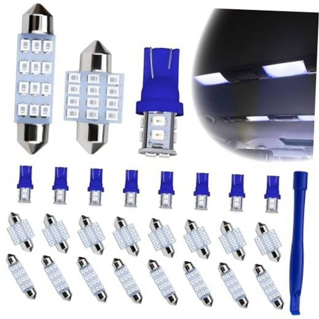 Set of blue LED dome light bulbs with multiple square white LED chips and clear lenses