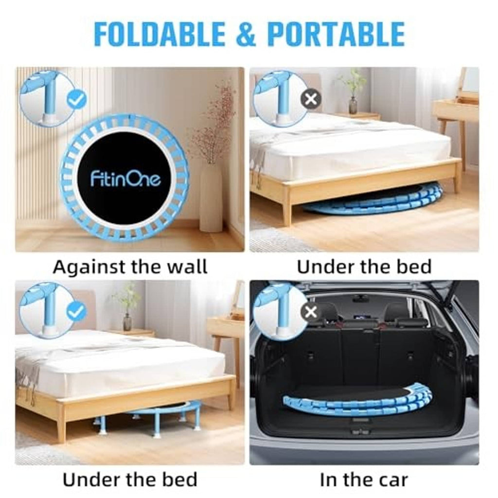 Foldable mini trampoline in compact form with light blue frame and black mat