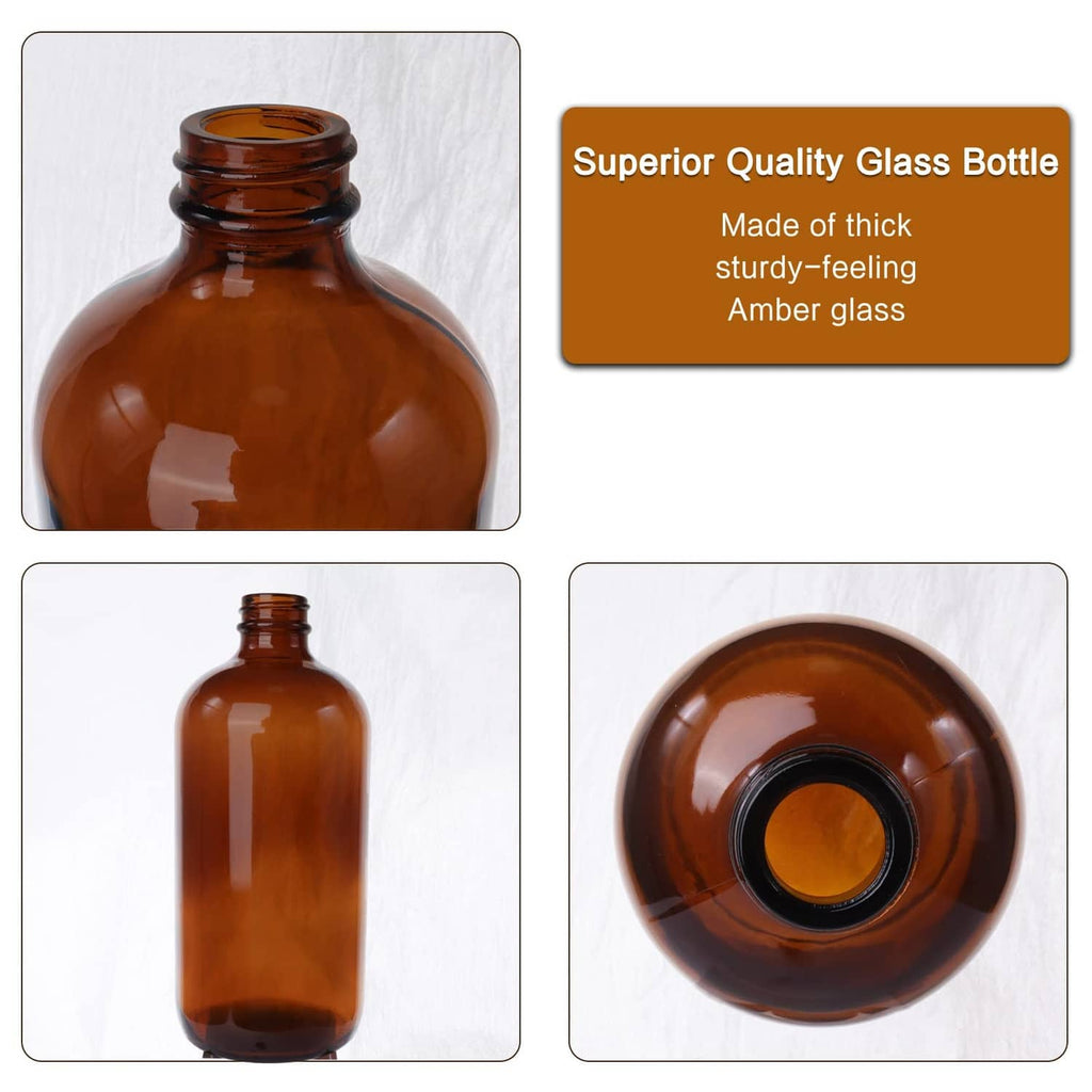 Amber Boston round glass bottle with black cap, showing front and bottom openings.