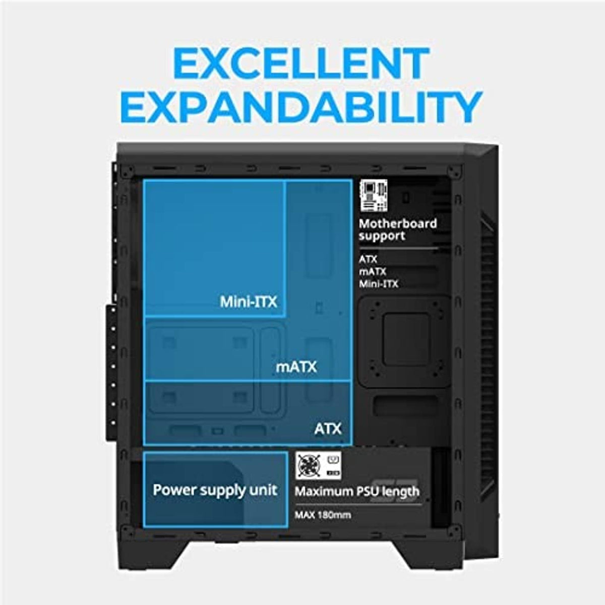 Black PC case interior layout with motherboard and power supply mounting spaces