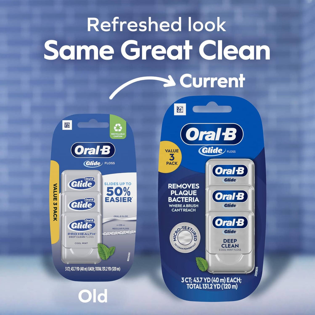 Oral-B Glide floss 3-pack and compact deep clean cool mint, refreshed look