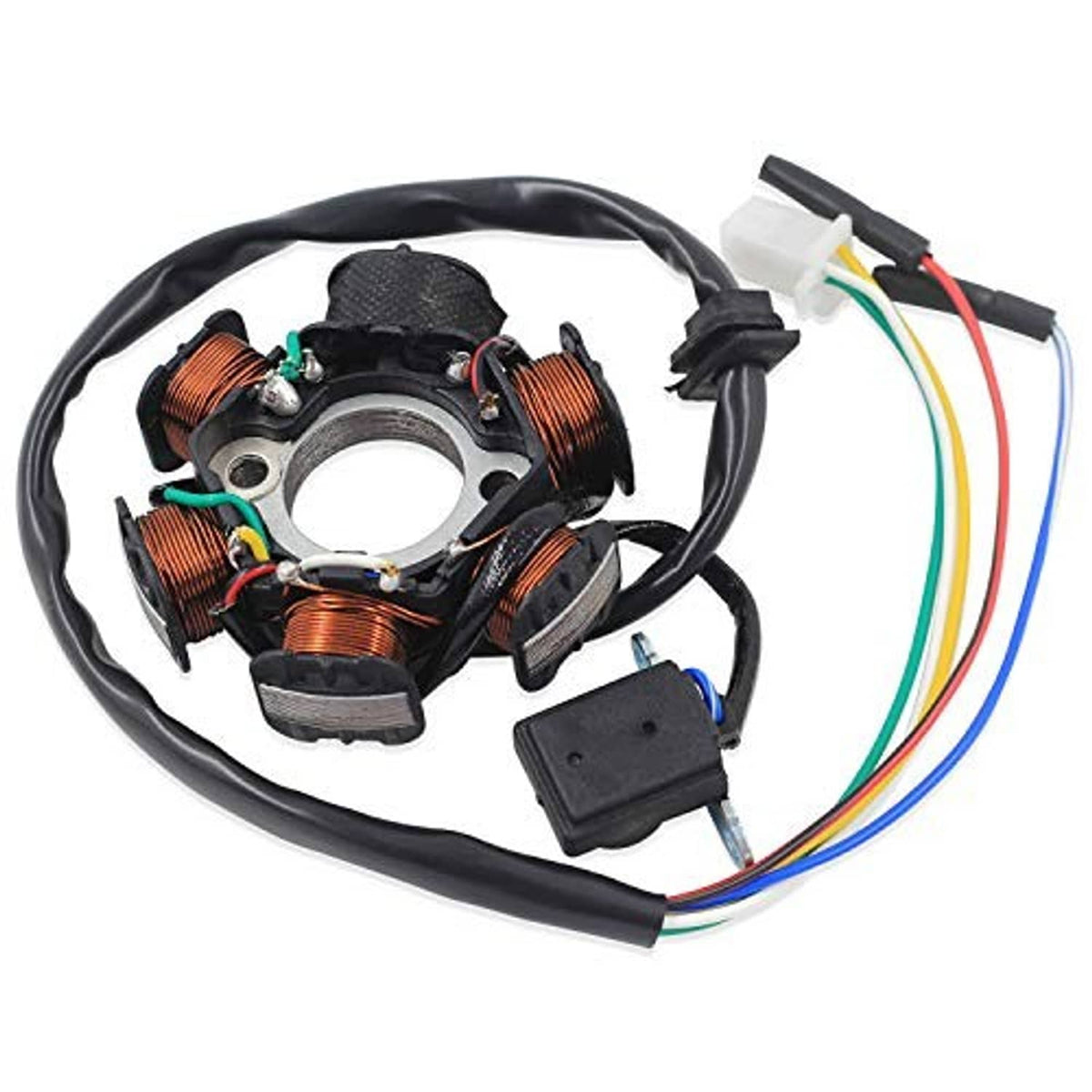 Ignition stator magneto coil assembly with bundled colored wire harness and multi-pin plug