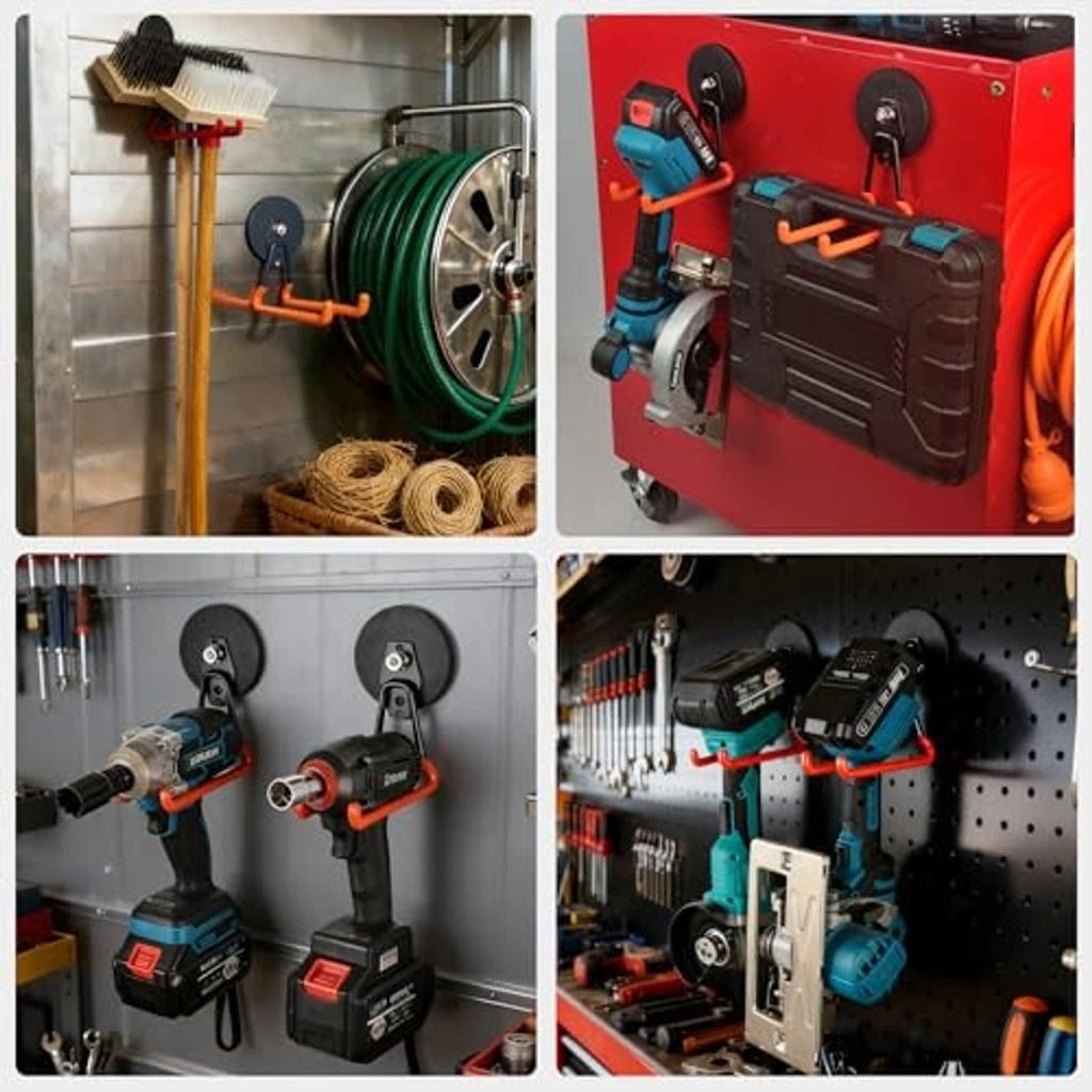 Magnetic garage hooks with orange U-arms shown mounted in a workshop tool organizer