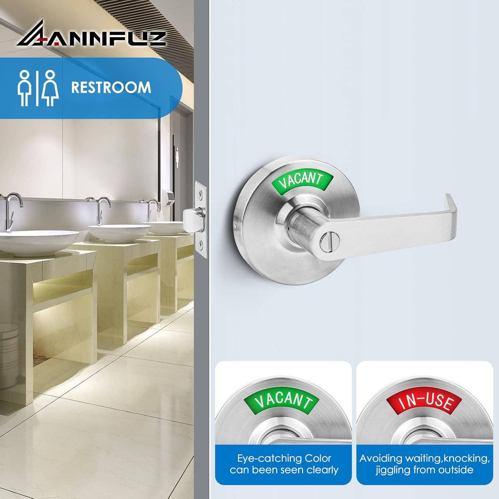 Stainless privacy door lever lock with green VACANT indicator, mounted on a door