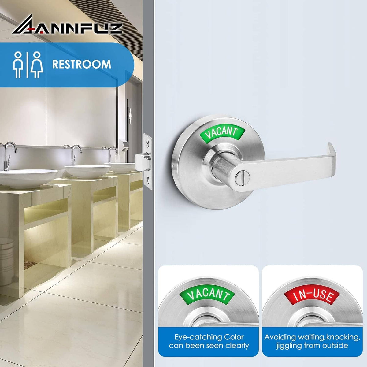 Stainless privacy door lever lock with green VACANT indicator, mounted on a door