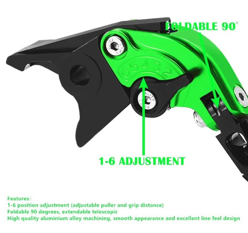 Green motorcycle lever with foldable 90° feature and 1–6 adjustment markings
