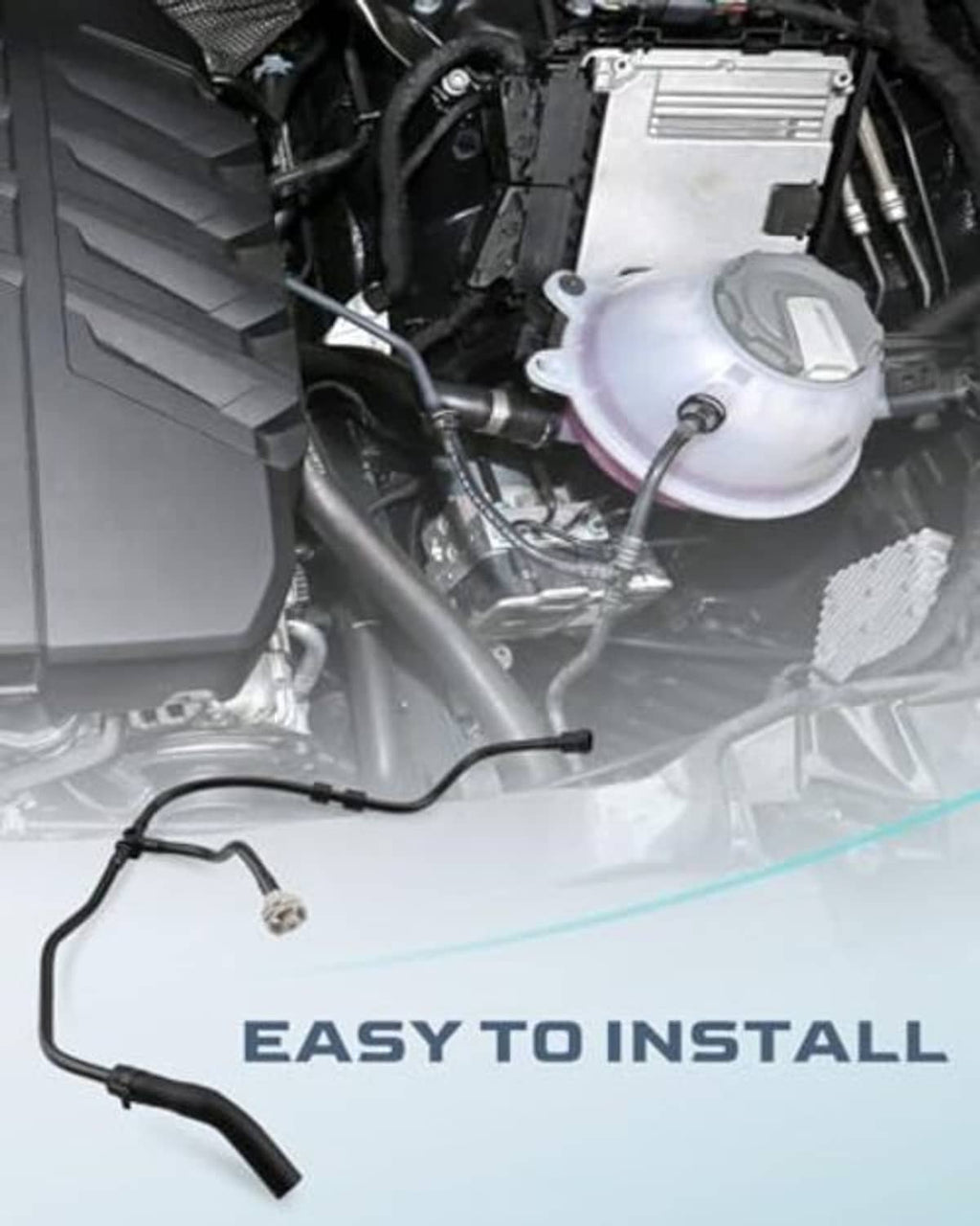 Black radiator coolant reservoir hose shown near engine bay with metal connector plug