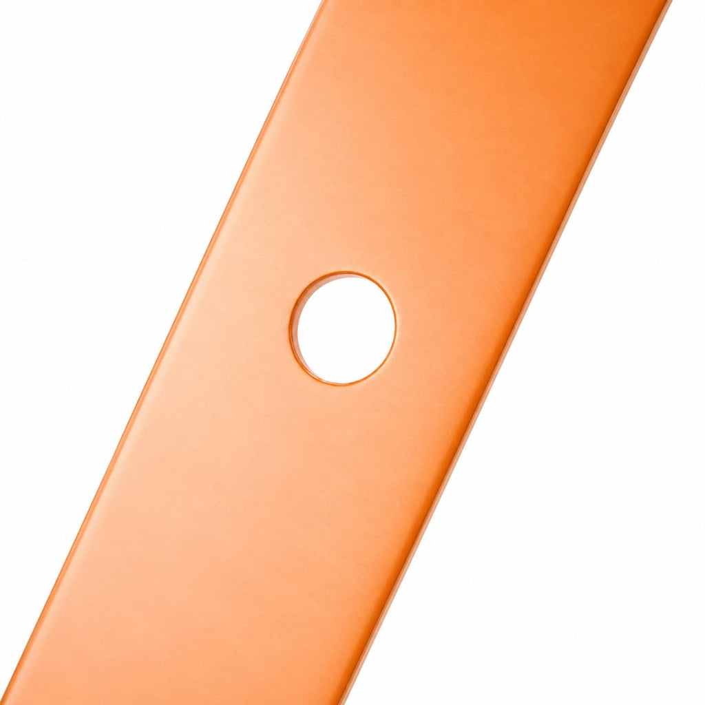 Single orange mower deck blade with round mounting hole and curved cutting edge.