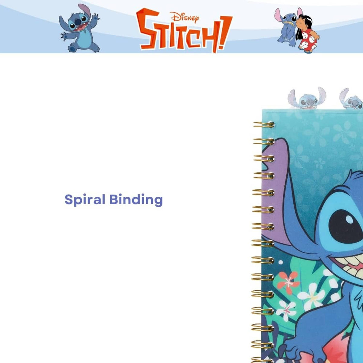 Lilo & Stitch spiral binding notebook close-up with gold rings and blue cover art