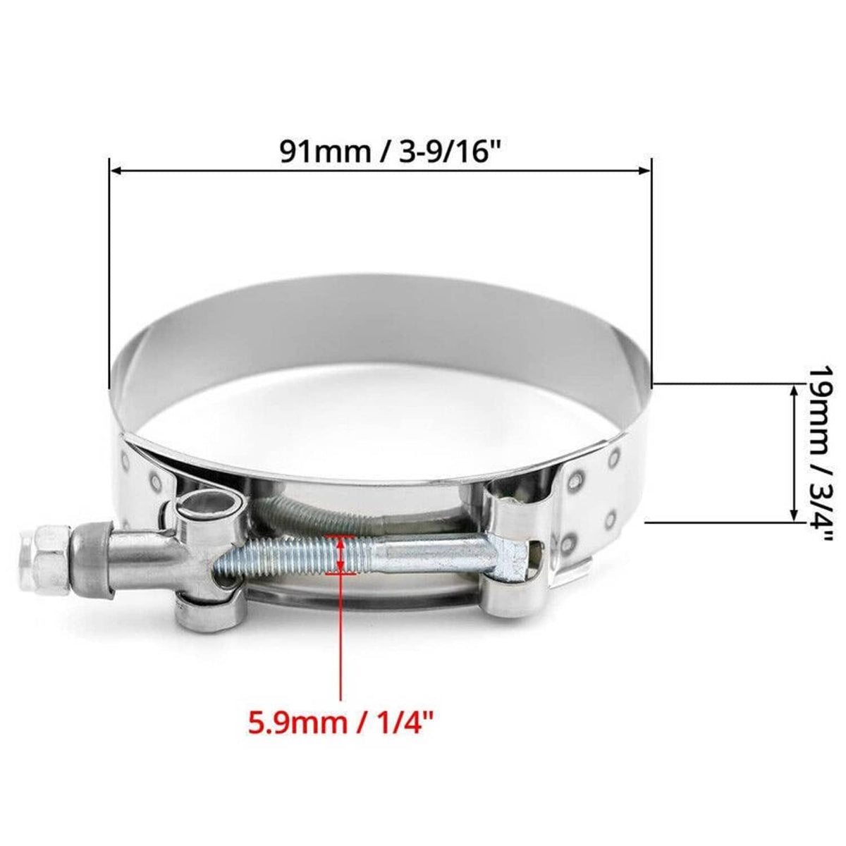 T-bolt hose clamp dimensions: 91mm band width, 19mm clamp thickness shown