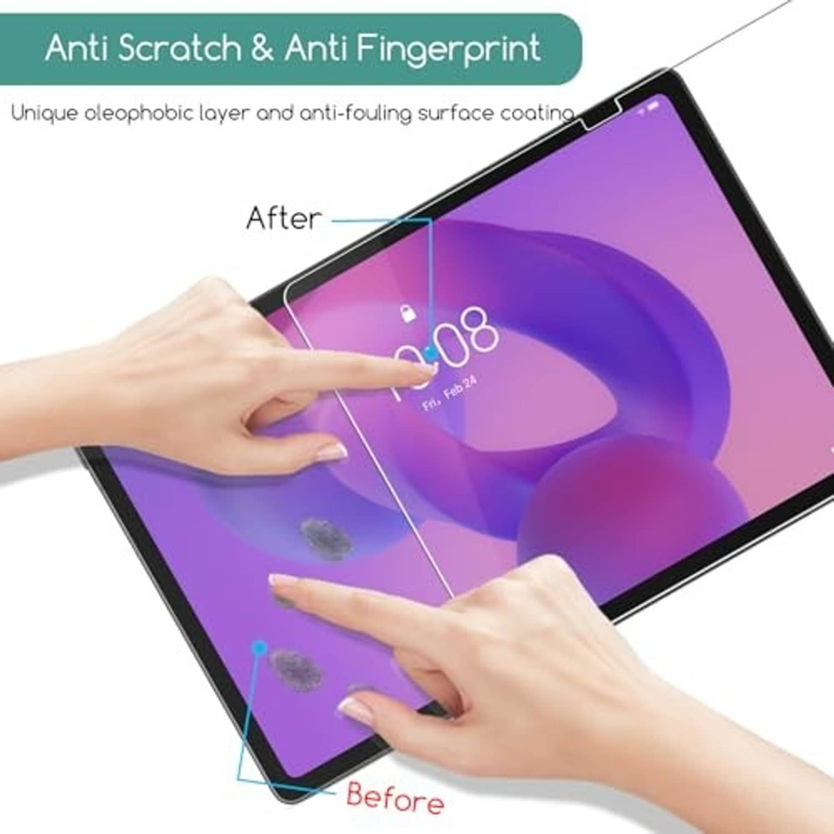Anti-scratch, anti-fingerprint tempered glass screen protector before-and-after fingertip swipe