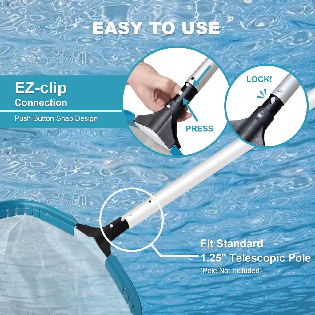 POOLWHALE pool skimmer net rake with EZ-clip connection, white pole, teal frame