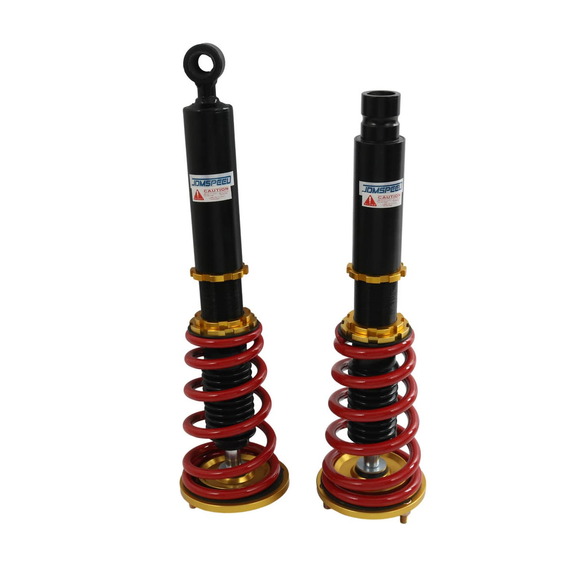 Pair of coilover shocks with red springs and black bodies, gold spring seats and top hardware