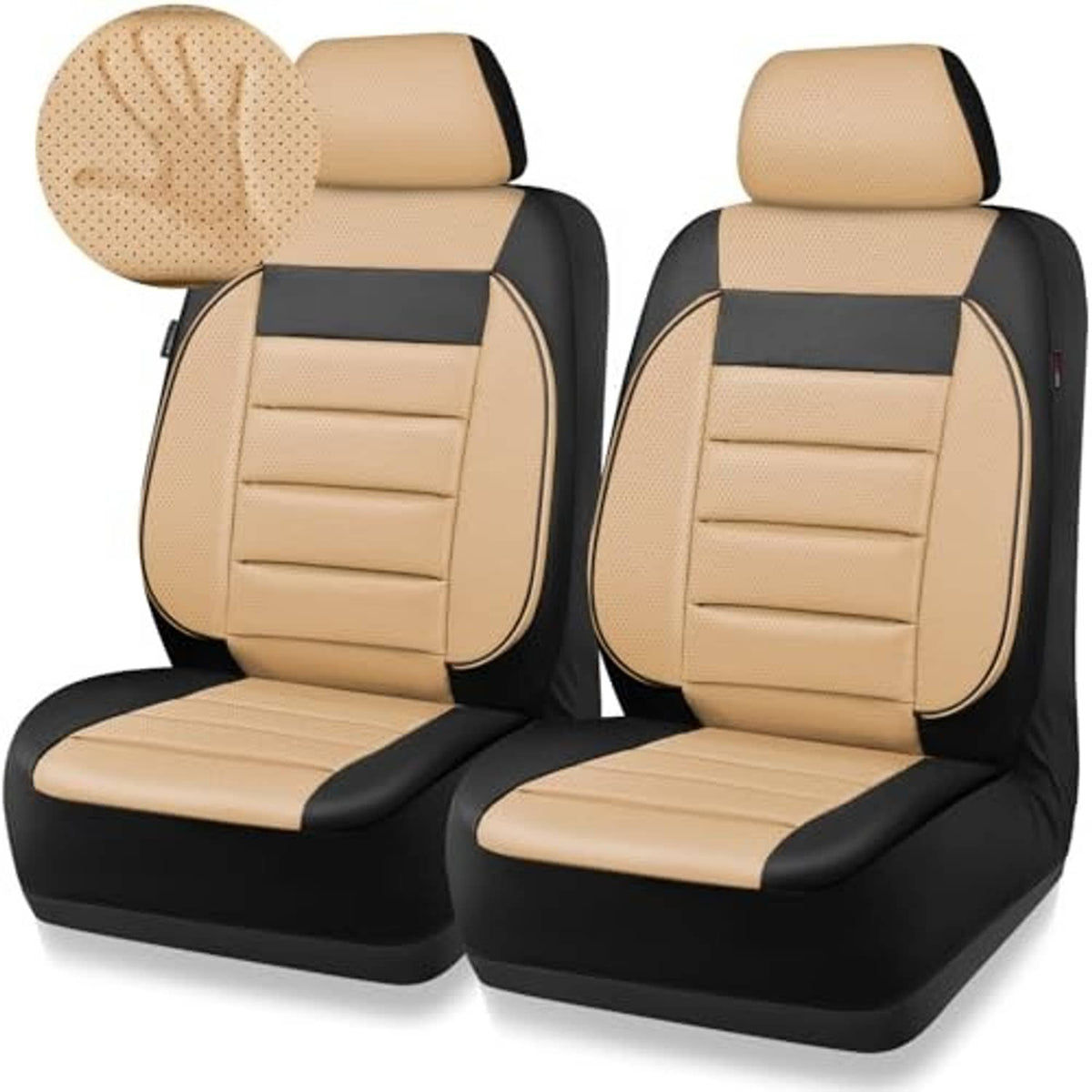 Faux leather front seat covers, beige and black, quilted backrests and padded headrests