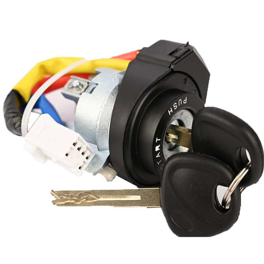 Ignition lock cylinder switch with two keys, black switch body and colored wire connector.