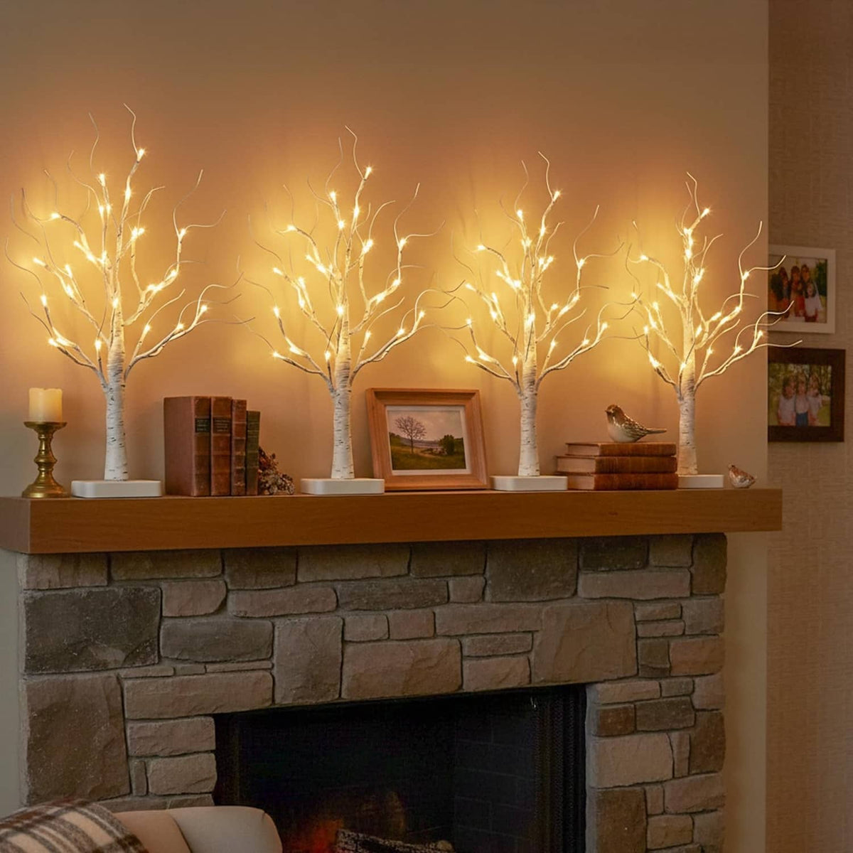 Lighted white birch LED tree decor with warm white lights on square base