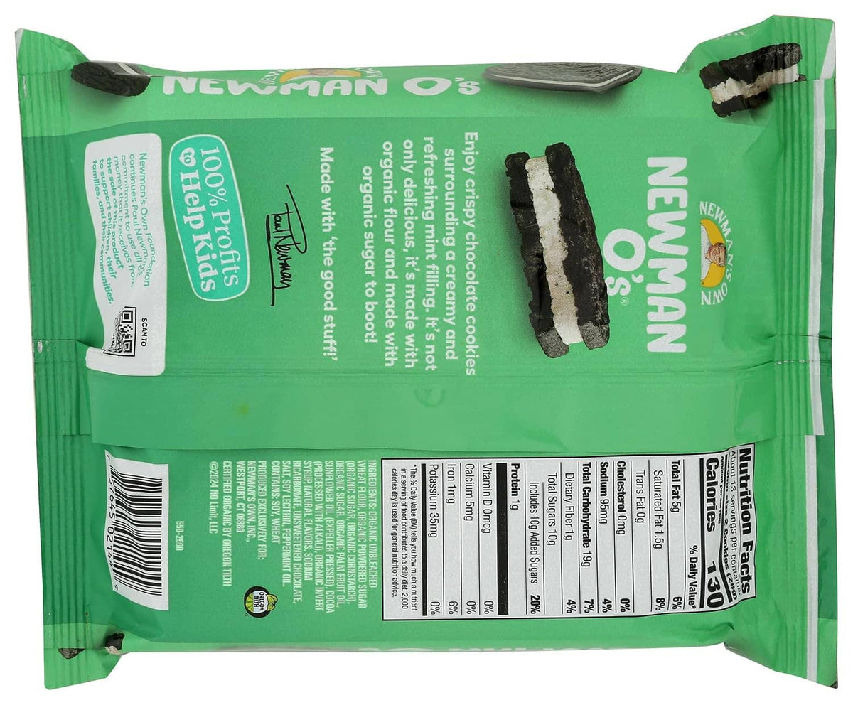Back of green Newman O's hint-O-mint cookie package with barcode and details