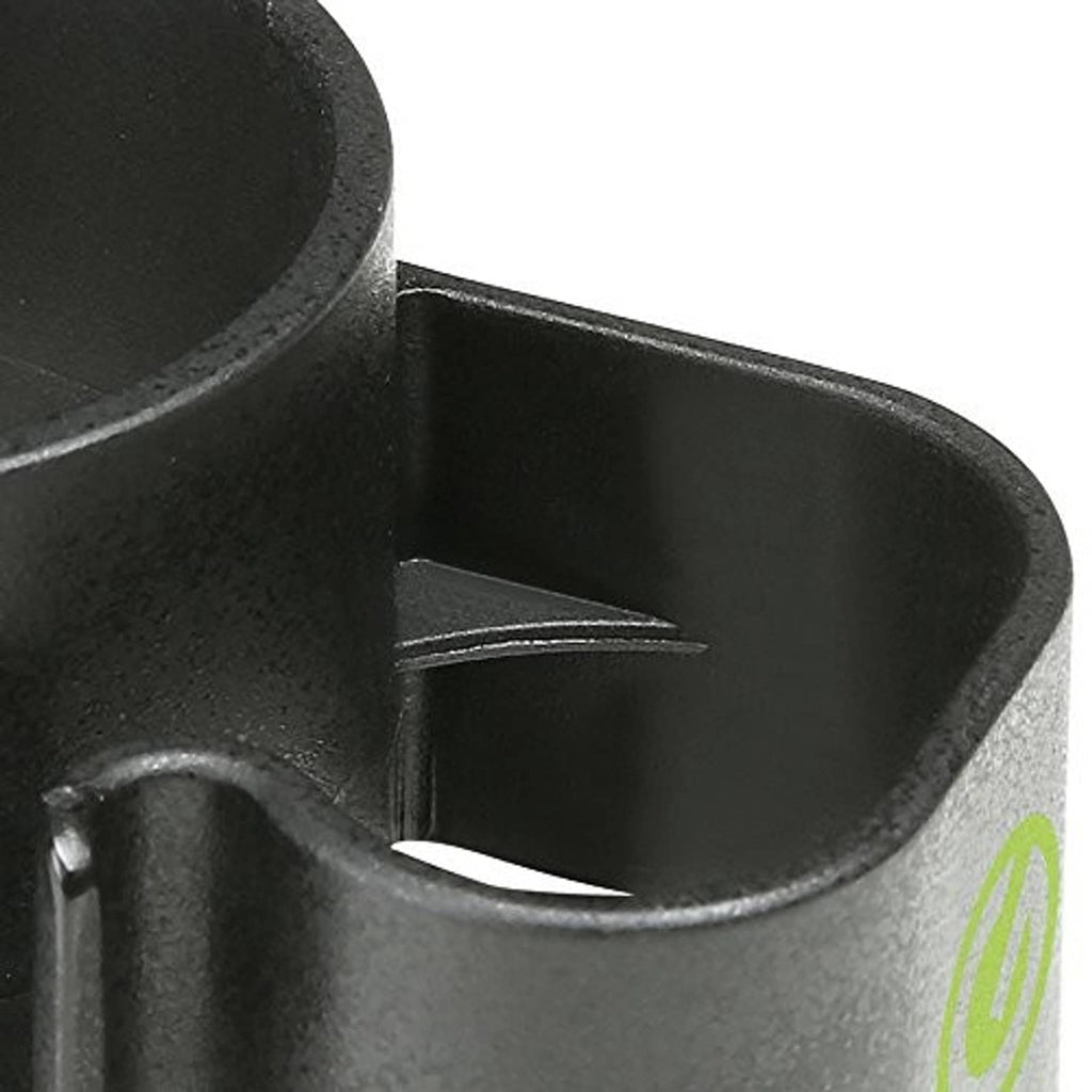 Black cable clip with molded side slot detail for gripping a speaker pole