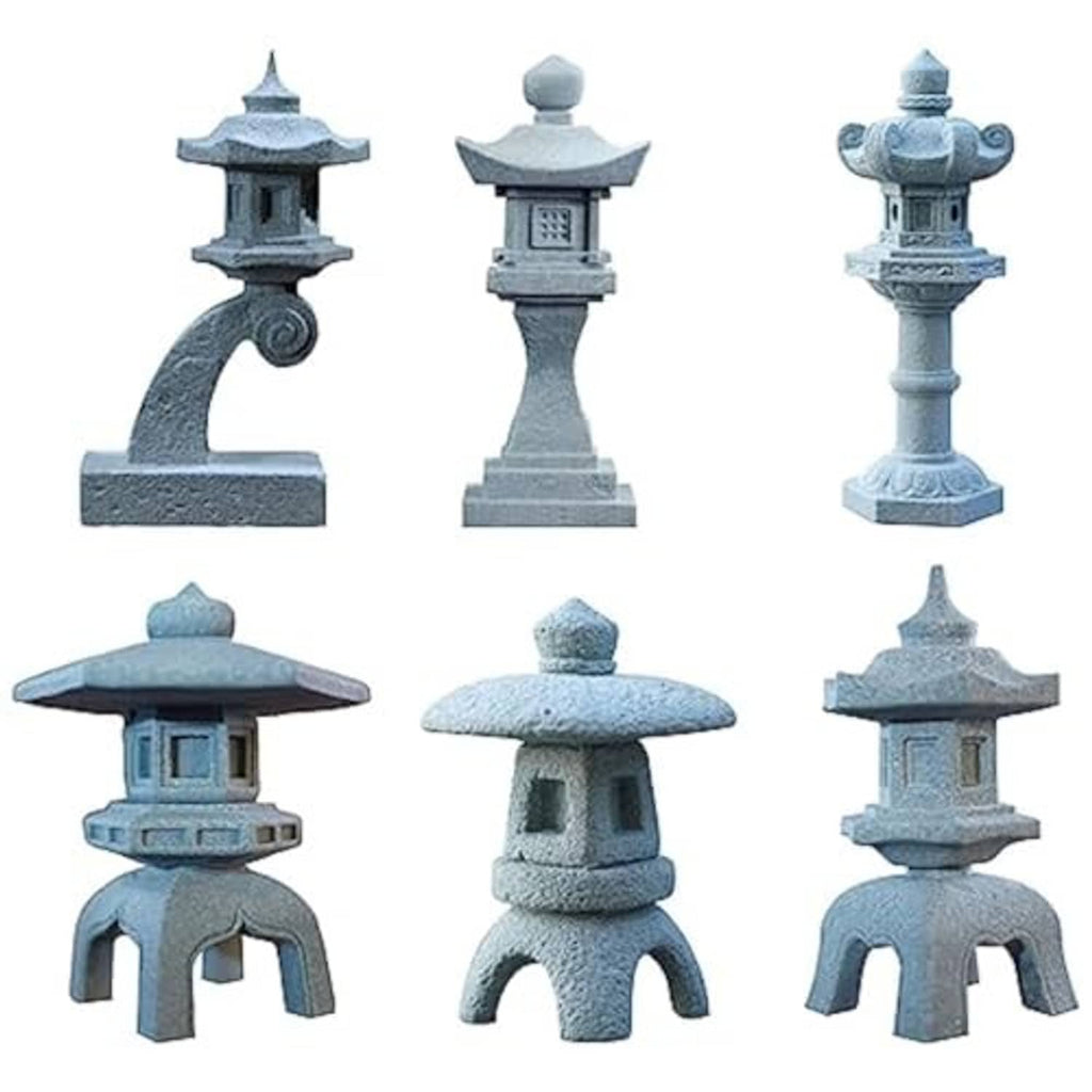 Six-piece miniature stone pagoda lantern set, gray finish