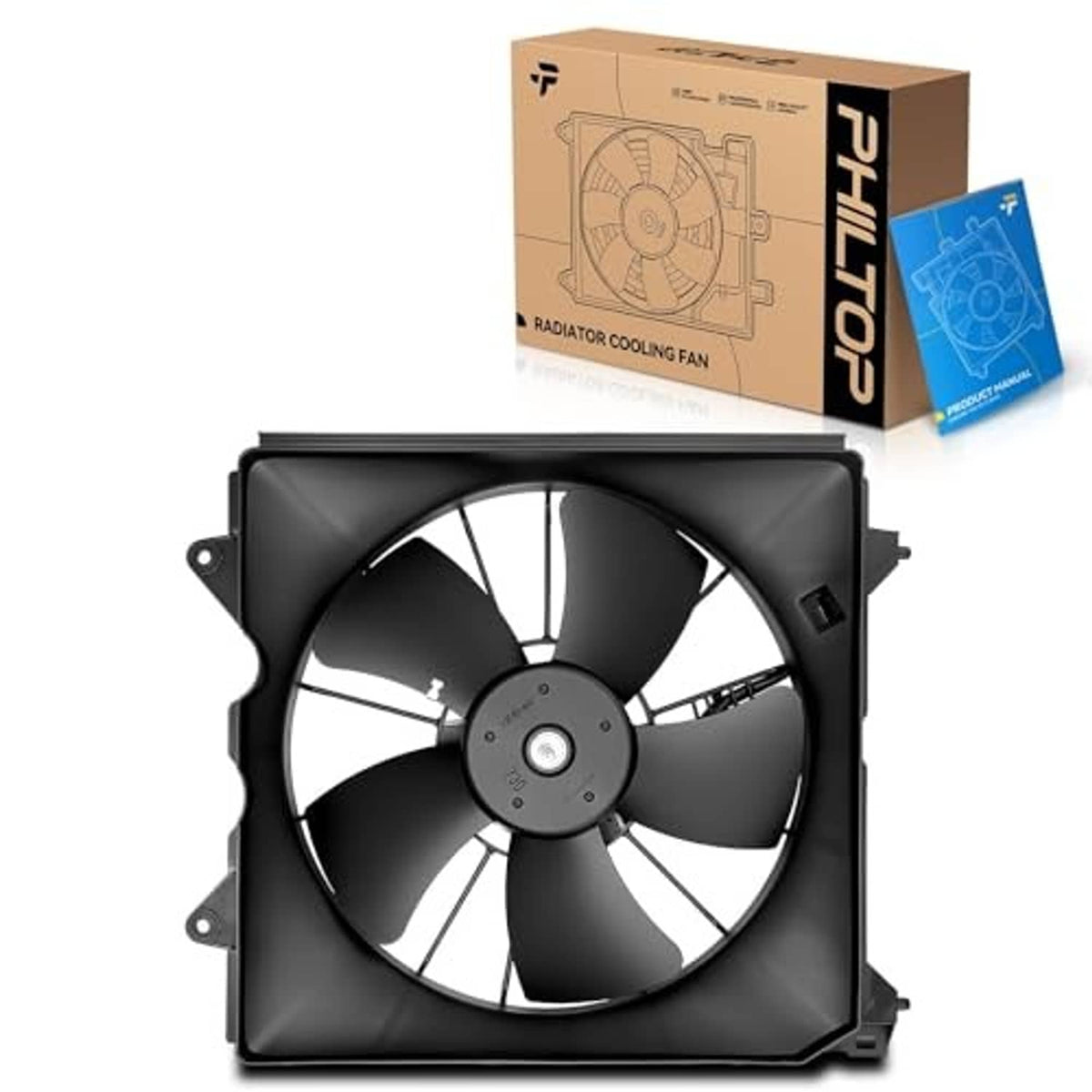 Radiator cooling fan assembly with black shroud and multi-blade fan, round motor hub