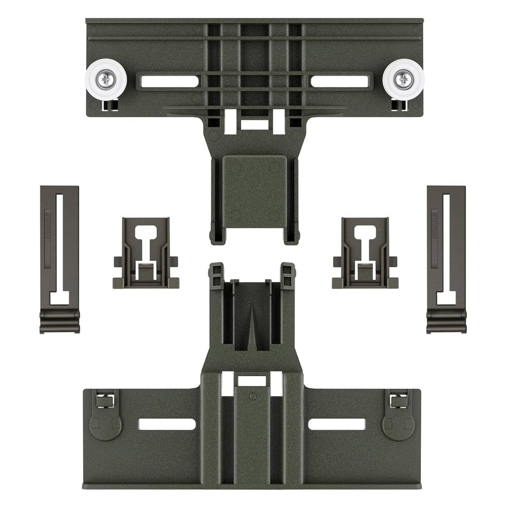 Dishwasher top rack adjuster bracket, dark gray with white wheels and mounting clips