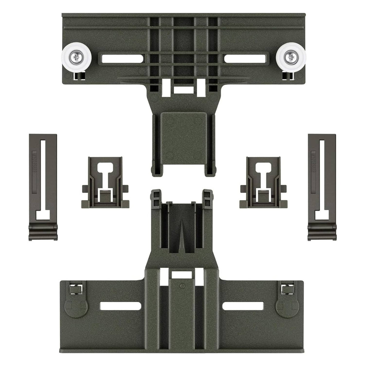 Dishwasher top rack adjuster bracket, dark gray with white wheels and mounting clips