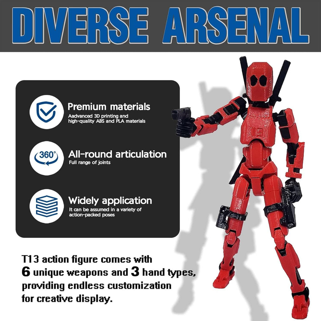 Red poseable robot action figure with black arm accessories