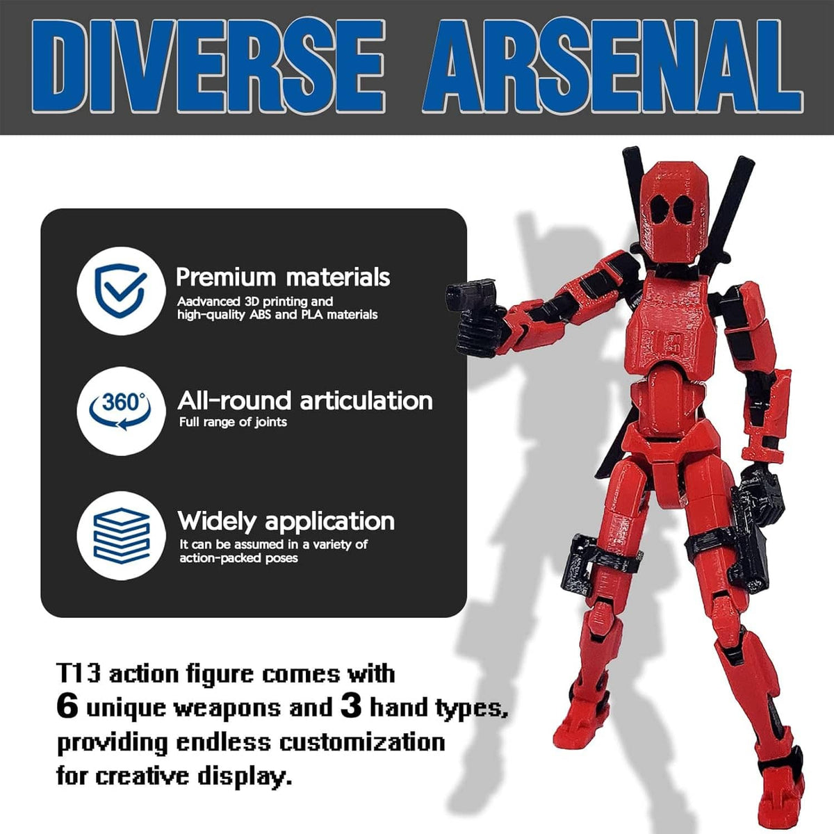 Red poseable robot action figure with black arm accessories