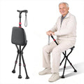 Folding walking cane chair with black seat, adjustable cane height, red accents, hand strap