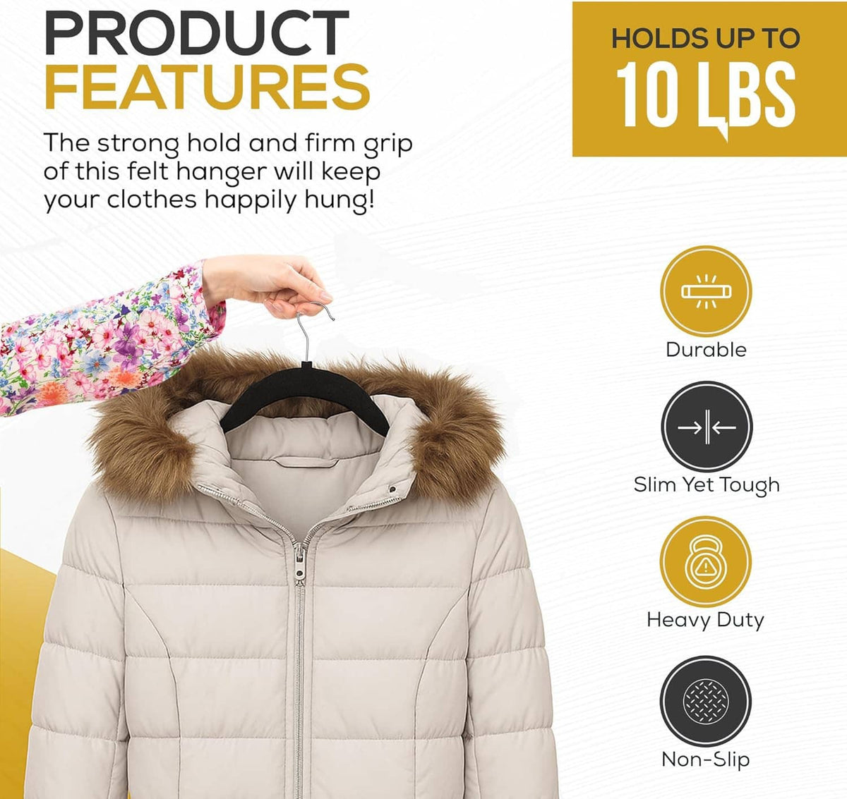 Black velvet non-slip hanger holding a winter jacket, secure grip for coats
