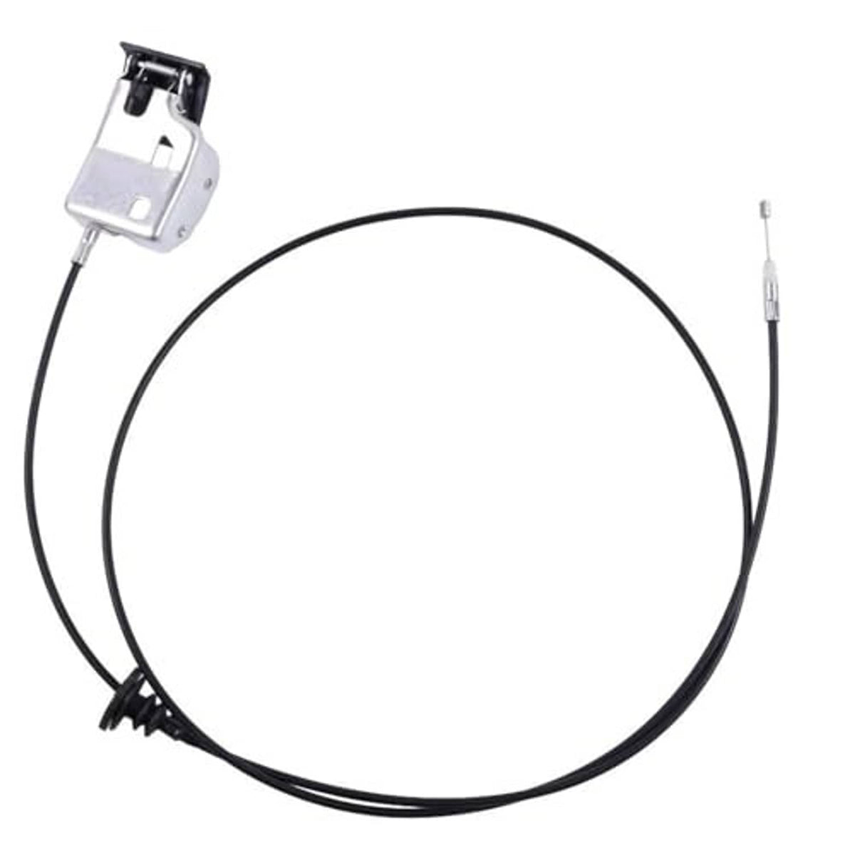 Hood release cable with black looped cable and hood latch bracket, two ends