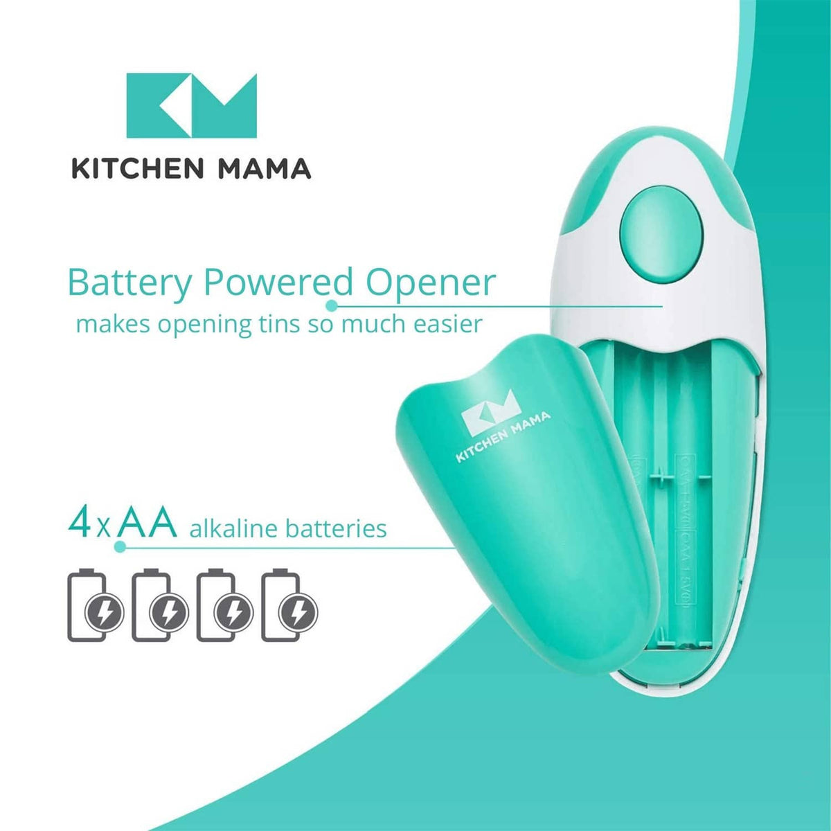 Teal and white battery electric can opener with front cutting head visible