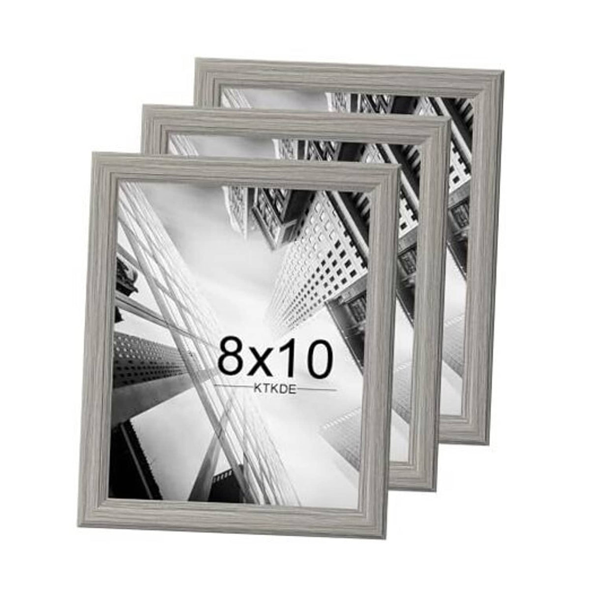 Set of three 8x10 grey woodgrain wooden picture frames with clear front