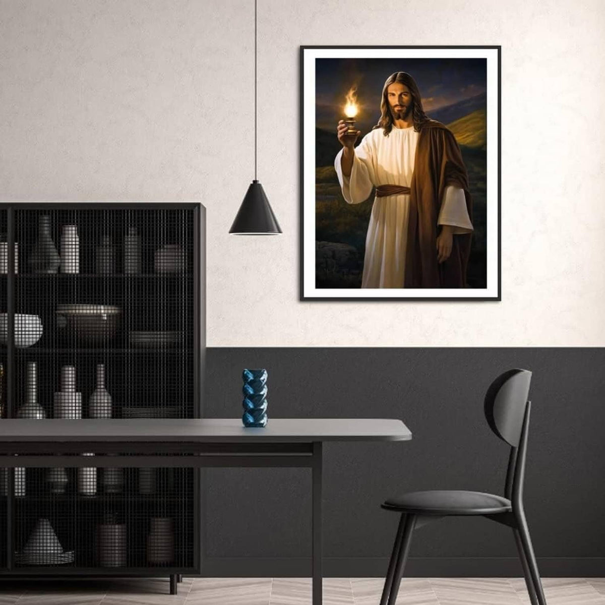 Framed diamond painting of Jesus holding a lantern, white robe and brown cloak
