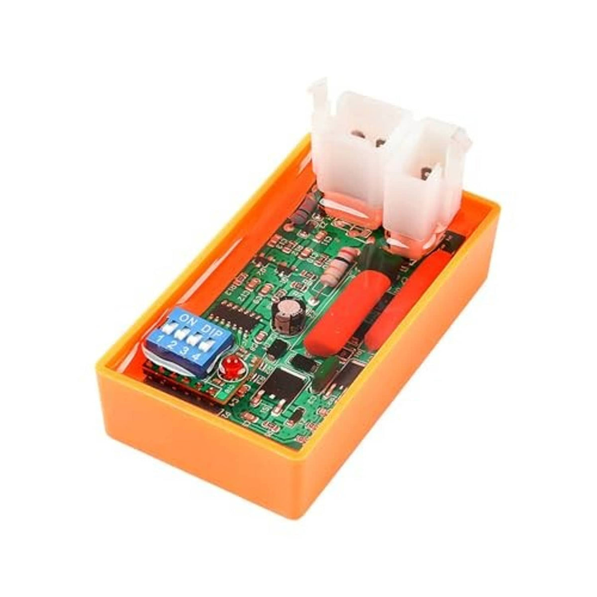 5-pin AC CDI ignition module with orange case, green circuit board, white multi-pin connector