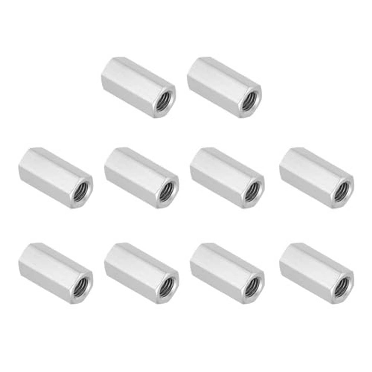 Ten stainless steel hex coupling nuts, side view, threaded inner openings
