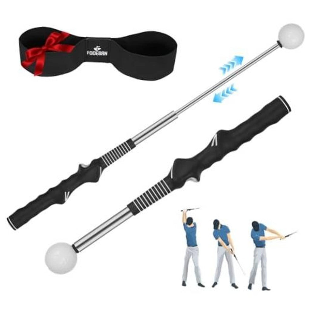 Golf swing trainer set with two retractable rods and foam balls, plus storage strap