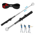 Golf swing trainer set with two retractable rods and foam balls, plus storage strap