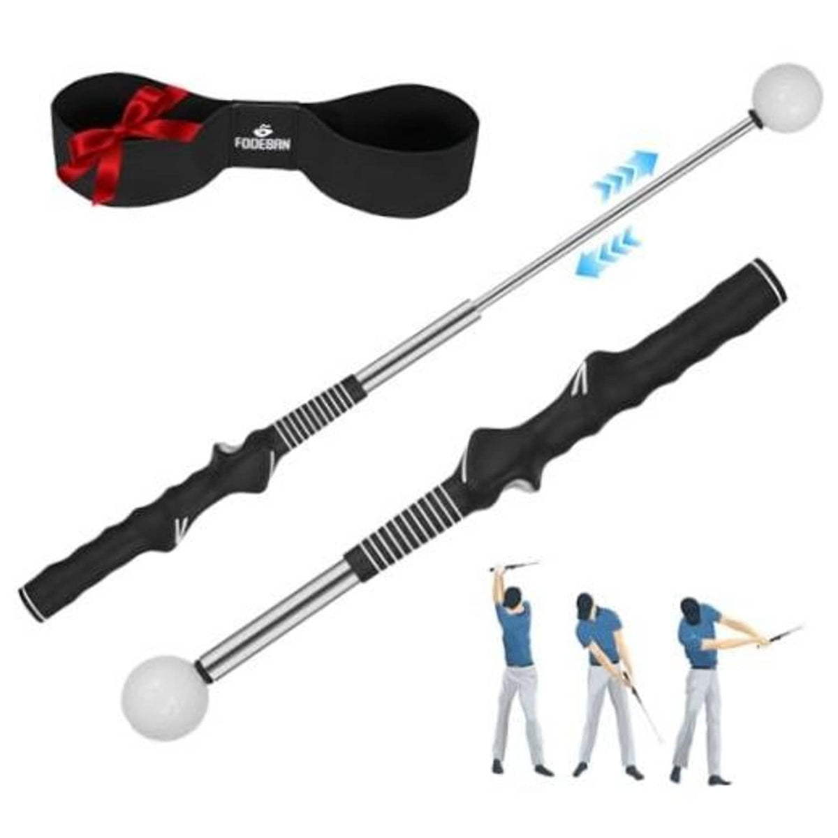 Golf swing trainer set with two retractable rods and foam balls, plus storage strap