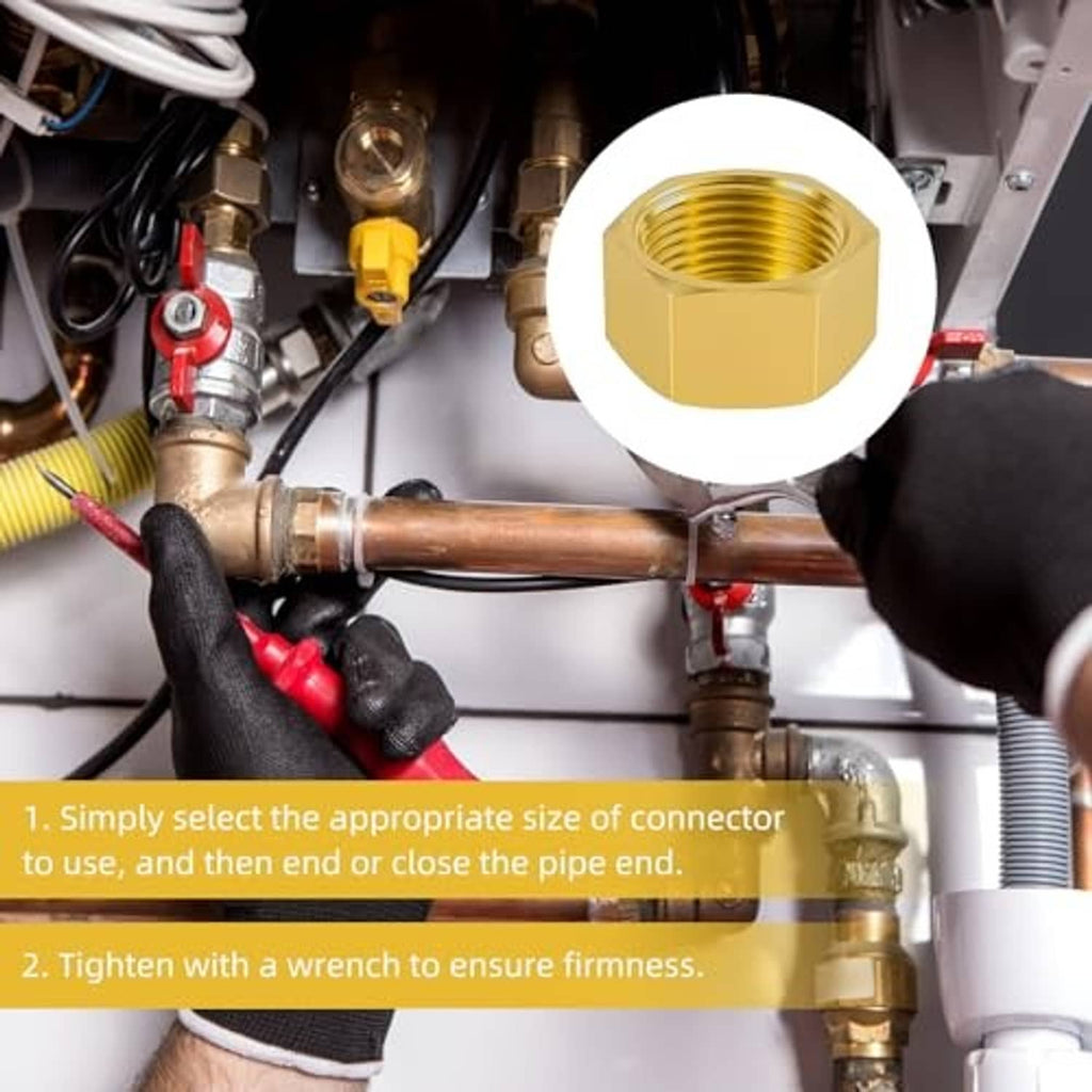 Brass hex pipe cap installed in plumbing with black rubber gasket ring