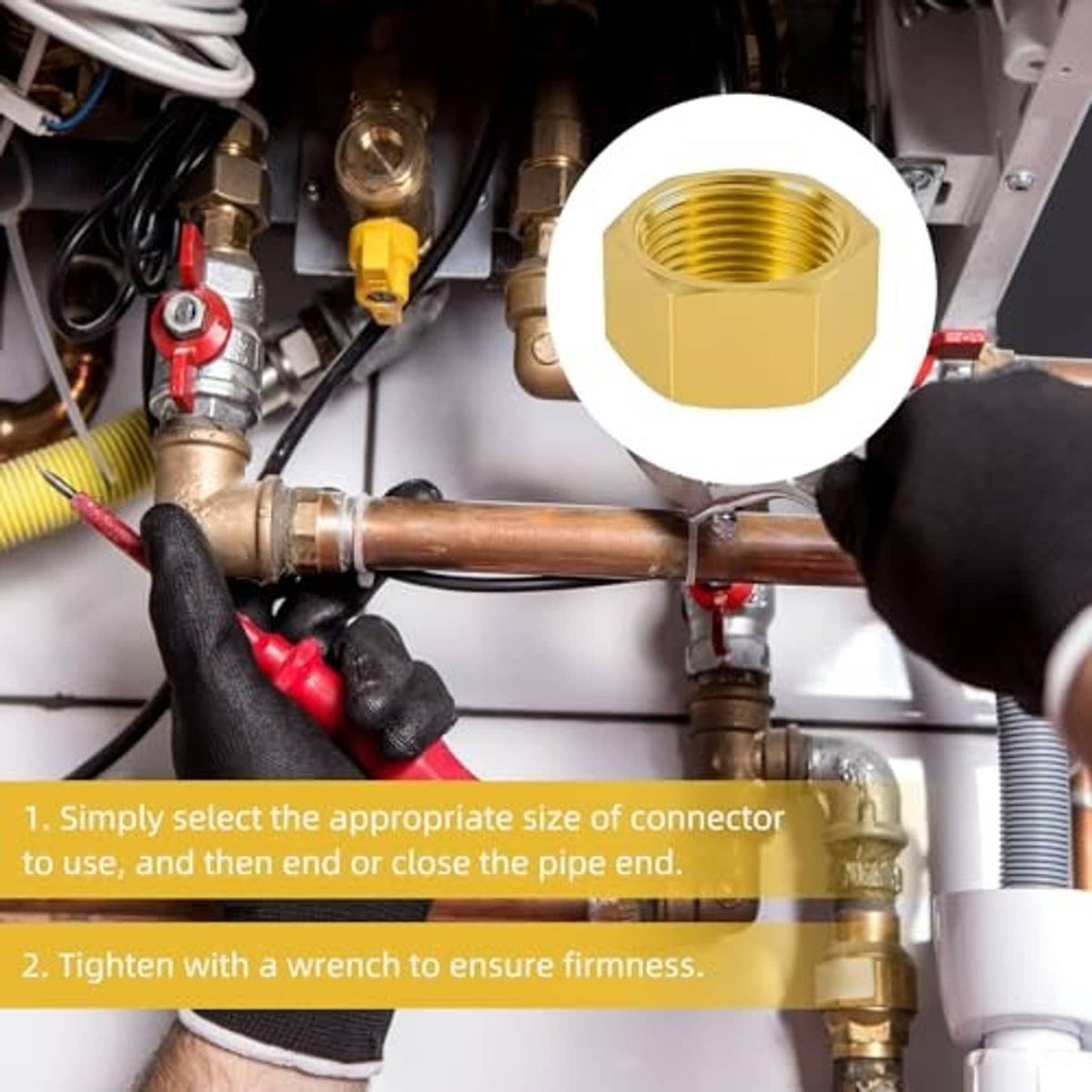 Brass hex pipe cap installed in plumbing with black rubber gasket ring